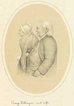 Early 19th -century print of older white couple in left profile, arms linked. Woman wears shawl and bonnet. Long-haired man wears coat and vest.