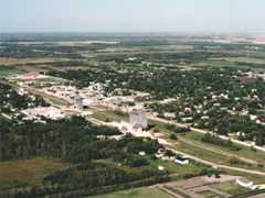 Aerial view of grain elevators at Teulon