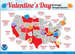 Map of the “Valentine’s Day Average Temperatures” from the 1991–2020 Climate Normals with 16 states having Valentine’s Day swoon-worthy names such as Loveland, Colorado. (Credit: NOAA NCEI.)