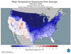 Mean Temperature Departures from Average map for February 1936.