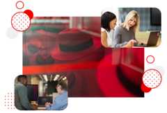 Chapeaux rouges entourés de photos d'employés Red Hat en pleine collaboration