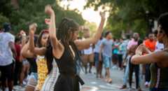 Students gathered on Greene Street dancing and having a good time.