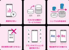 通信料が安い さまざまな機能やサービスがある シンプルな料金体系 契約期間の縛りがゆるい プランやオプションの選択肢が多い 電話番号を引き継げる