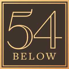 The image features the logo of "54 Below," a renowned cabaret and dining club. The logo uses an elegant serif font with the number "54" prominently displayed and the word "BELOW" situated underneath. The text is gold on a dark brown background with a gold border surrounding the design.