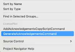 Generate Acknowledgements menu command in Xcode