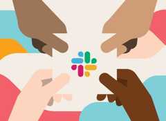 Slack ロゴを持つ 4 つの手のイラスト。