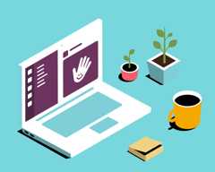 ラップトップ、メモ帳、マグカップ、植物のイラスト。