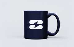 Charge HQ logo applied to a dark blue coffee mug