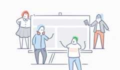 Illustration of four co-workers collaborating on a whiteboard.