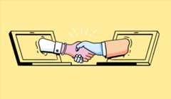 A handshake, with the respective arms reaching out from two different laptop monitors.
