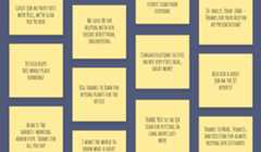 An illustration of a "Gratitude wall" — a surface where employees have placed various sticky notes with words of thanks and appreciation for their coworkers. For example: "Alex did a great job on the Q3 reports!" and "Big thanks to John for buying plants for the office."
