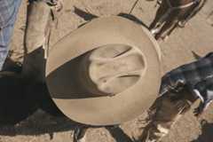 Four cowboys are gathered around a chute. They each wear a different shaped American Hat Company hat.