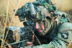 Spc. Issaic Billings, an infantryman from 2nd Brigade Combat Team, 101st Airborne Division (Air Assault), pulls security during an engagement with the opposing force, as part of Operation Lethal Eagle24,1, April 25, 2024, on Fort Campbell,...