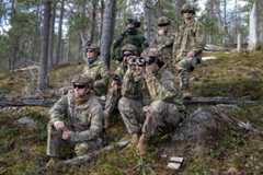 U.S. Army Soldiers assigned to the 3rd Brigade Combat Team, 10th Mountain Division at Fort Johnson, Louisiana, watch an artillery demonstration during exercise Defender Europe 2024 near Rovaniemi, Finland, May 17, 2024. Defender Europe is the...