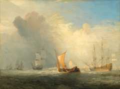 A passenger boat, its bright tan sails reflecting the sun, careens among choppy water with at least eight more sailboats and a town along the water’s edge in the distance in this horizontal landscape painting. The water closest to us is muted slate blue, and it lightens as it extends to the horizon, which comes less than a quarter of the way up this composition. We look onto the long side of the passenger boat, at nine men, women, and children huddled in two groups there, in the lower center of the composition. The people wear black, white, red, or blue, and all seem to wear hats, though they are sketchily painted. Foamy, white crests lap at the long side of the tilted boat. Several larger ships with white sails unfurled float beyond to our left. To our right, seven flags and banners fly from a three-masted ship with its sails tied up. Two rows of more than a dozen black canons each poke through doors along the side we can see. It floats upright, closer to the distant town lining the water across the right half of the picture. The buildings are painted with strokes of white paint to create loose silhouettes. Loosely painted vertical strokes suggest more boats and ships lining the harbor. A bank of cream-white and some pale gray clouds fill most of the sky, breaking to reveal blue sky only in the upper right corner of the painting.