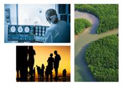 Collage of an image of a medical professional conducting a CT scan, an aerial shot of a river meandering through a forest, and a picture of silhouettes against the morning or evening sky