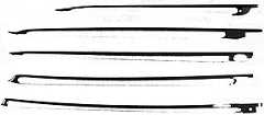 Bows compared in profile. 1) French dance bow, ca.1700. 2) baroque "sonata" bow with duck-bill tip. 3) baroque "sonata" bow with pike's head tip. 4) transitional bow. 5) Tourte bow.