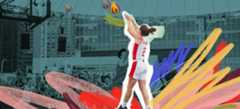 A woman is scene taking a jump shot with a basketball in the middle of the air. A graphic treatment is applied to the photo where the basketball is repeated in triples moving up the basketball net. There is also a multi coloured brush stroke treatment coming out of the graphic at the bottom.