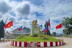 Flags of the Myanmar National Democratic Alliance Army and the Three Brotherhood Alliance seen on a roundabout in the northern Shan State hub of Lashio on August 10, 2024, when the Kokang group still controlled the town. (AFP)