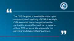 CISA's official statement confirming MITRE's contract extension for the CVE program. Source: US Cybersecurity and Infrastructure Security Agency