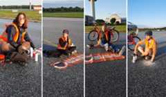 Letzte Generation: Vier der Blockierer des Hamburger Flughafens. Zweite von links ist die notorische Sachbeschädigerin Miriam Meyer. Man nennt sie auch Klimakleber, erstmals wurden die Anhänger der sogenannten „Letzten Generation“ zum Schadensersatz verurteilt.