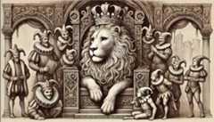 Ein gekrönter Löwe sitzt auf einem Thron, daneben tanzen Narren. Der Paragraph 188 führt dazu, daß sich deutsche Politiker wieder wie ein König fühlen