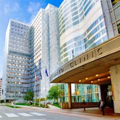 Exterior view of Mayo Clinic’s main hospital and Gonda Building in Rochester, Minnesota.