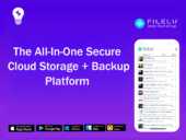 Filelu secure cloud storage and backup platform promotional graphic showing app availability on App Store, Google Play, Windows, Mac, and Linux.
