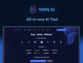 1min AI all-in-one AI tool interface screenshot showing text, image, and video generation features