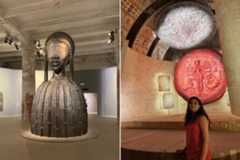 (L) An installation at the Venice Art Biennale 2022, and (R) the author at a Durga Puja pandal