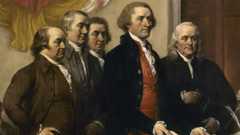 A painting depicting the signing of the Declaration of Independence by key historical figures in a formal setting.