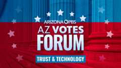 A graphic with marble columns and text reading: AZ Votes Forum Trust and Technology