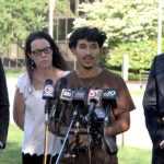 Marcelo Gomes da Silva, alongside Seth Moulton (right) speaks to reporters following his release from an ICE detention center June 5, 2025.