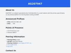 The website screenshot for https://as207947.net