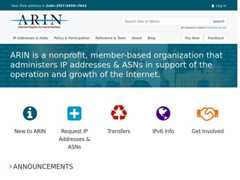 The website screenshot for http://www.arin.net