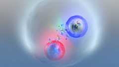 Two colorful, semi-transparent spheres, one blue and one red, represent a possible top quark bound state, toponium, surrounded by small particles inside a cloudy, circular enclosure.