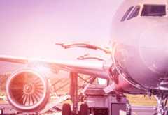 Close-up of a commercial airplane on the tarmac with sunlight reflecting off its metallic surface. The jet engine, cockpit, and open cargo hold highlight the role of air connectivity, all seen through a pinkish-purple tint.