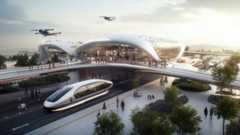 A futuristic transportation hub with sleek, modern architecture, flying vehicles, autonomous cars, and a streamlined train utilizes advanced traffic forecasting to keep crowds moving smoothly along elevated walkways bordered by trees.