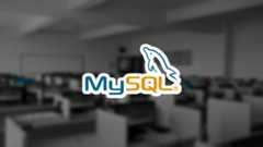 The image is a featured image for MySQL introduction article and consist of a MySQL logo in the foreground and a blurred, grey-scaled photo of an office.