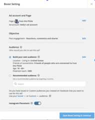 écran pour paramétrer un boost de publication avec définition d'un public personnalisé