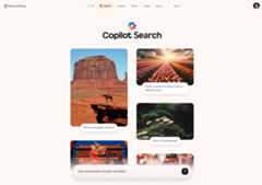 Copilot Search landing page with images and example queries and the search box.