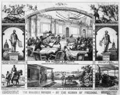 The central image shows Congressman Elliott speaking from the floor of the House of Representatives. Hanging from the ceiling is a banner with a quotation from his speech: "What you give to one class you must give to all. What you deny to one class. You deny to all." Above are two Civil War scenes of black troops in action. On the left is a full-length statue of Abraham Lincoln, holding a bundle of arrows and his Emancipation Proclamation, standing before the U.S. Capitol.