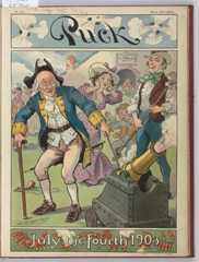 Illustration shows a crowd of people wearing colonial dress gathered around an old man who is firing off a cannon during the Fourth of July celebration, 1903.
