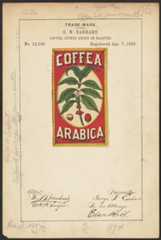 Color illustration of a red and green logo for Coffea Arabica, depicting a green-leaved coffee plant against a red-orange border. The surrounding page is annotated in pencil.