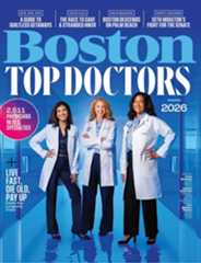 Three female doctors wearing white lab coats stand confidently in a blue-toned hallway. The cover text highlights "Boston Top Doctors 2026" with a note of "2,511 physicians in 81 specialties." The doctors are identified as Farah Moustafa of Tufts Medical Center, Kathryn Ackerman of Women’s Health, Sports & Performance Institute, and Terri Williams-Weekes of Tufts Medical Center. Additional cover stories include guides to guiltless getaways, a stranded hiker rescue, a Boston visit to Palm Beach, and Seth Moulton’s Senate campaign.