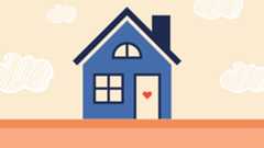 A scene with a cream-colored sky with white clouds and peach ground below. A lone, blue house sits in the middle of the frame with a heart in the doorway.