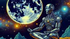 robot meditating outside at night under a planet, illustration