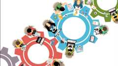 team members sitting at gear-shaped desks, illustration