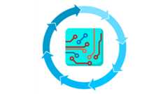 circuit board inside a blue circle of arrows