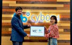 CybozuオフィスにてCybozuとW3Cのロゴが載ったパネルを持つPhilippeとSaku